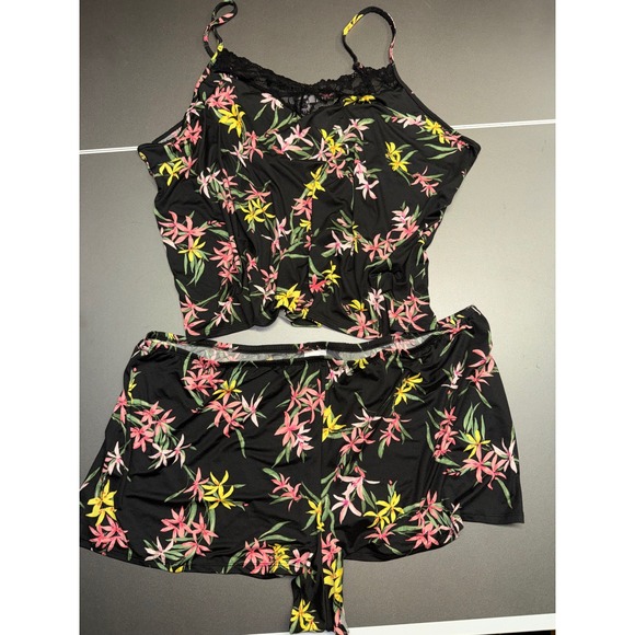 Joyspun Other - Joyspun Dreamy Soft Floral Pajama Set 3X Black Pink Yellow Lace Trim Cami Shorts